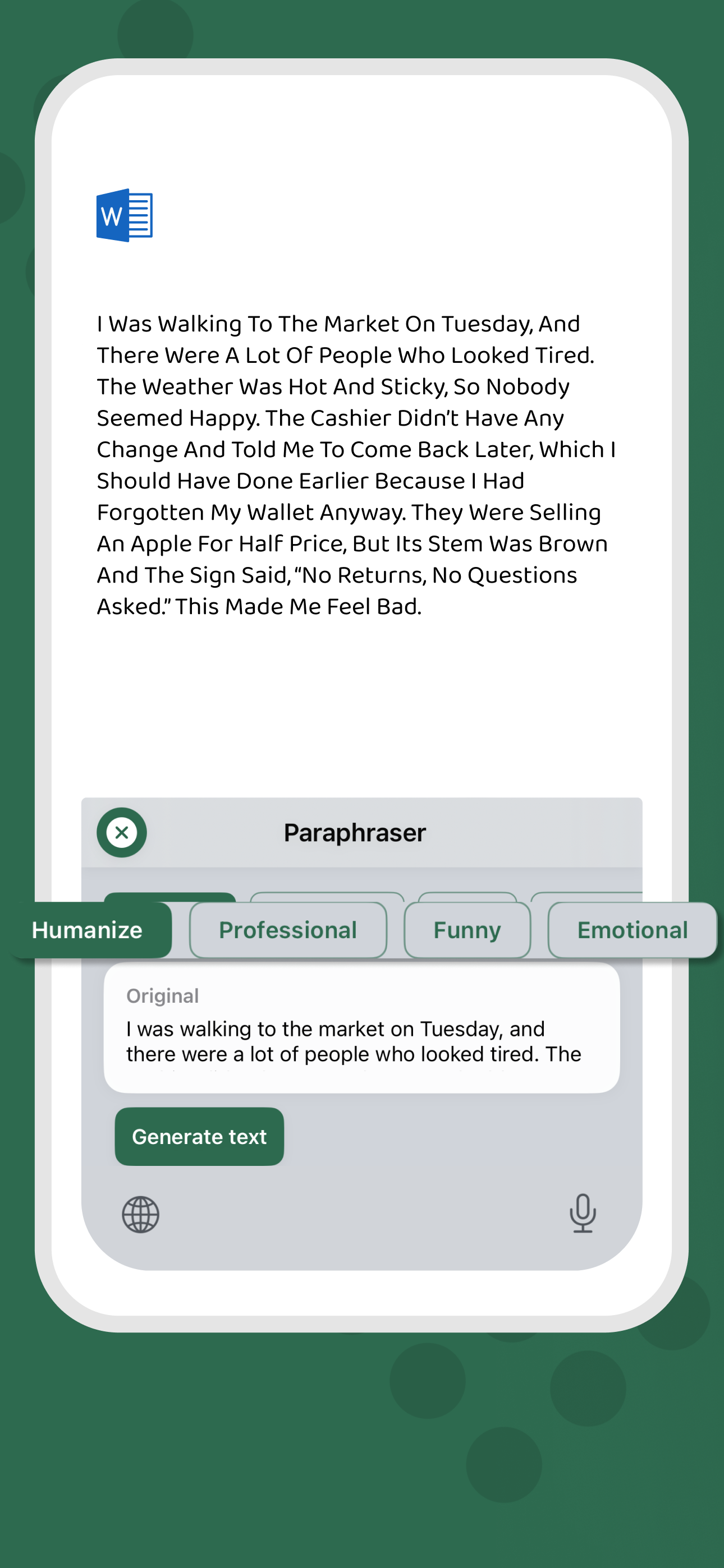 GramaType tone selector with Humanize, Professional, Funny, and Emotional options